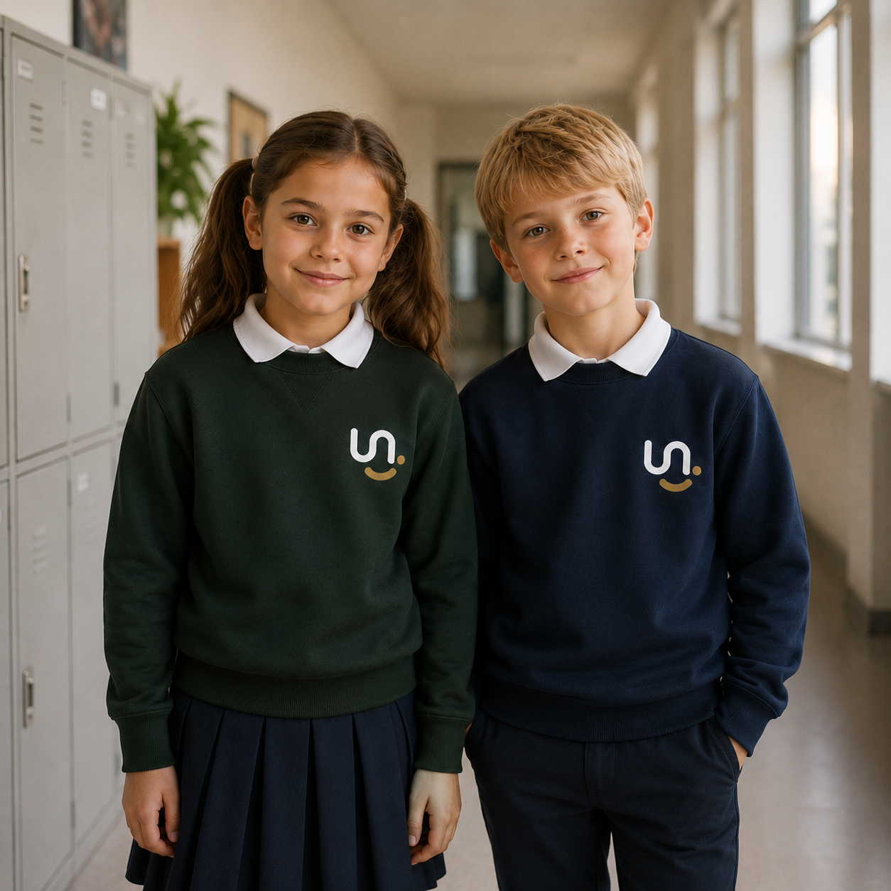 Pradinių klasių mokiniai su mokykline uniforma – balti polo marškinėliai ir tamsiai mėlynas džemperis | uniformunamai.lt