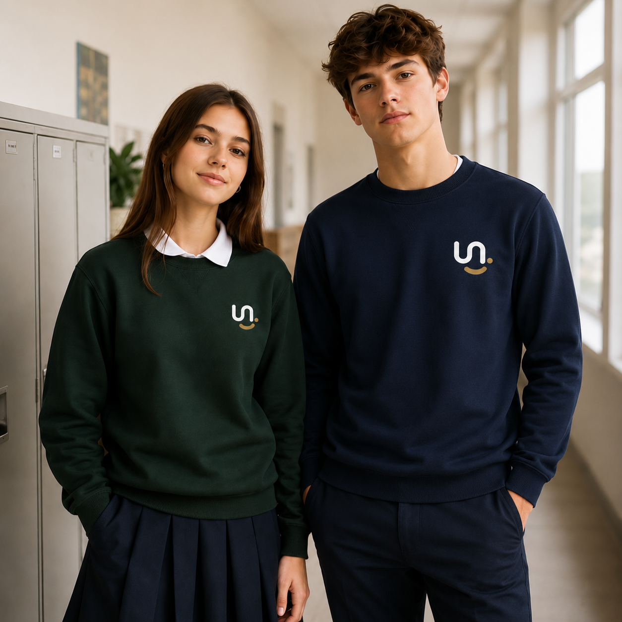 Vyresnių klasių mokiniai su mokykline uniforma – tamsiai mėlynas džemperis ir balti polo marškinėliai | uniformunamai.lt