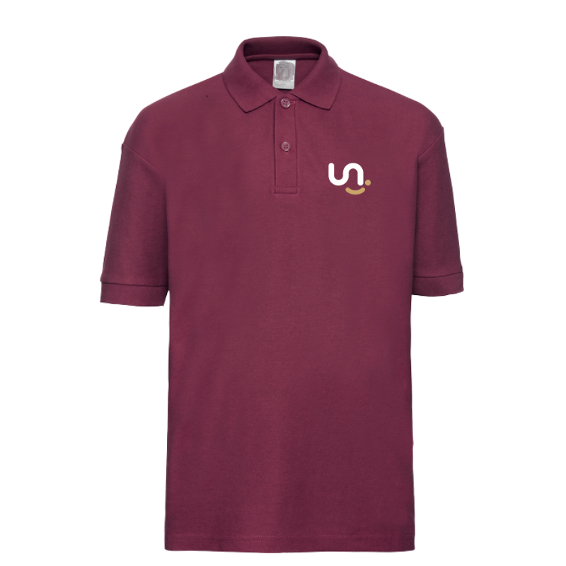 Mokyklinis polo marškinėlis PKM, bordo spalvos, su emblema kairėje krūtinėje