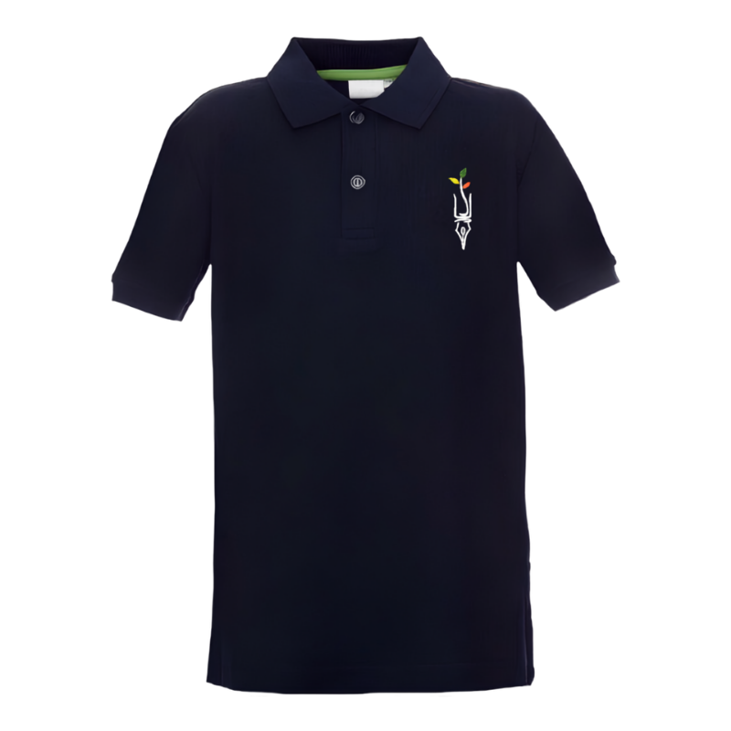 Tamsiai mėlyni polo marškinėliai vaikams su apykakle ir išsiuvinėtu emblemos logotipu