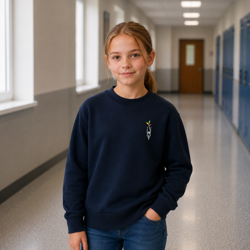 Tamsiai mėlynas vaikų džemperis su siuvinėtu herbu ant krūtinės